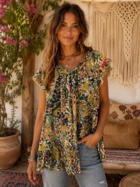 Vici Olive Multi Floral Ruffle Sleeve Blouse